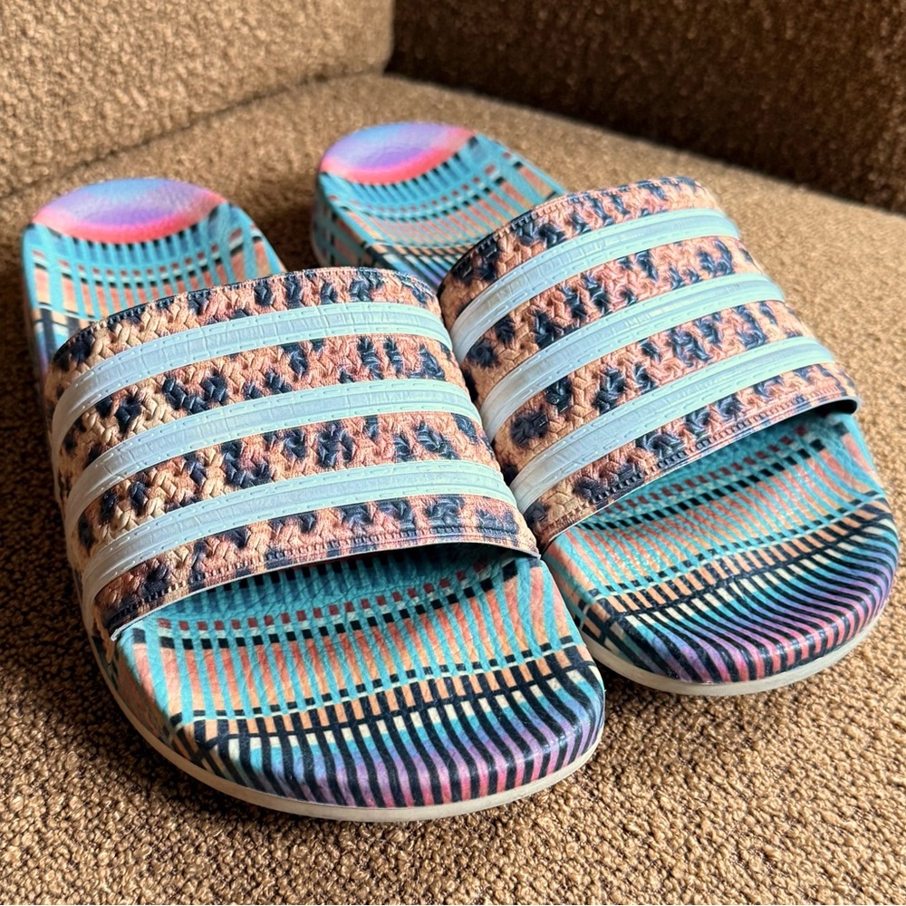 Adidas rainbow leopard slides